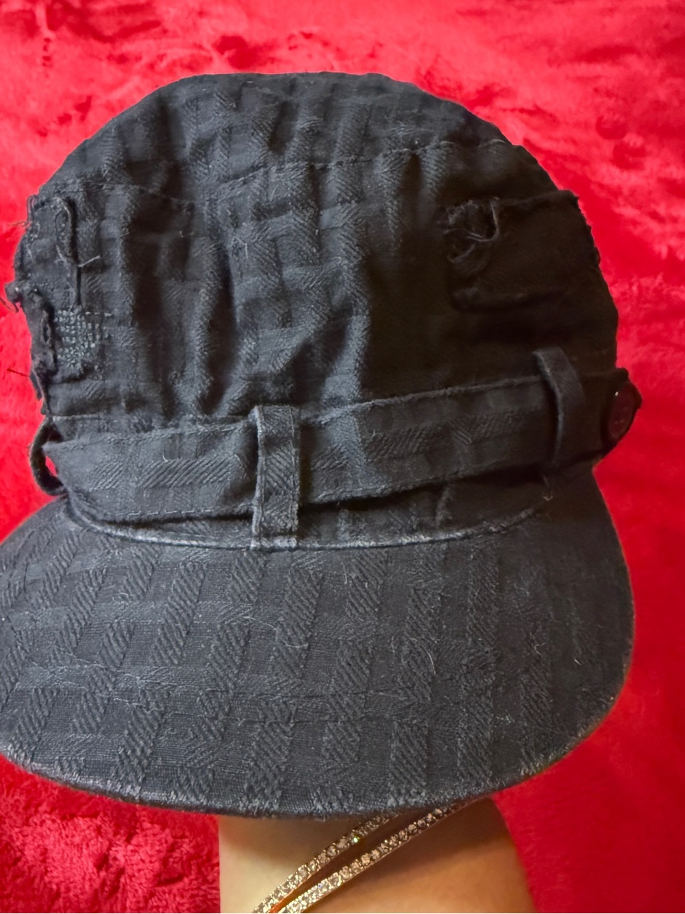 Vintage Y2K Black Distressed Military Cadet Hat Plaid Lined Cap
